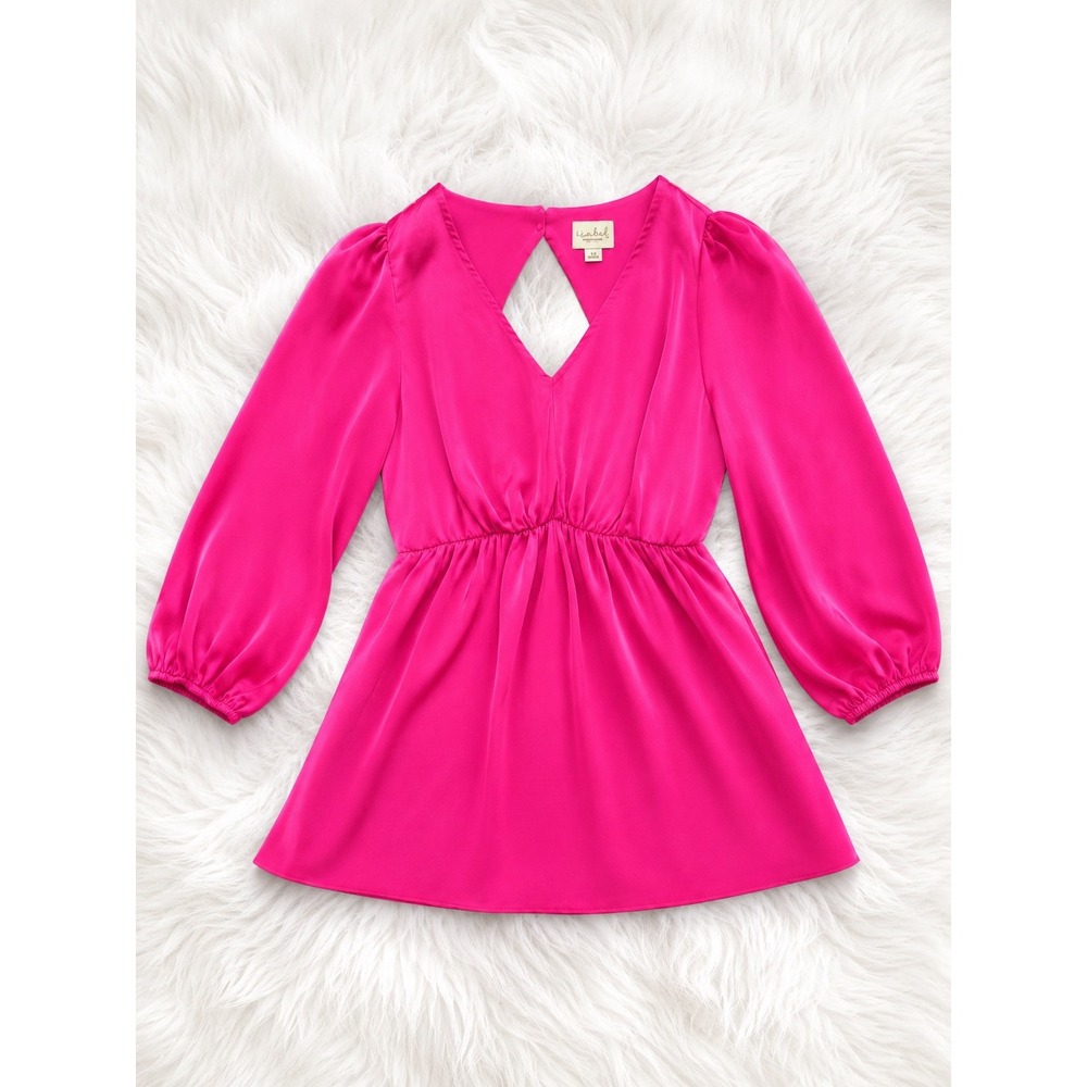 Isabel by Ingrid & Isabel Hot Pink Satin Blouse XS Puff Sleeve Babydoll V Neck